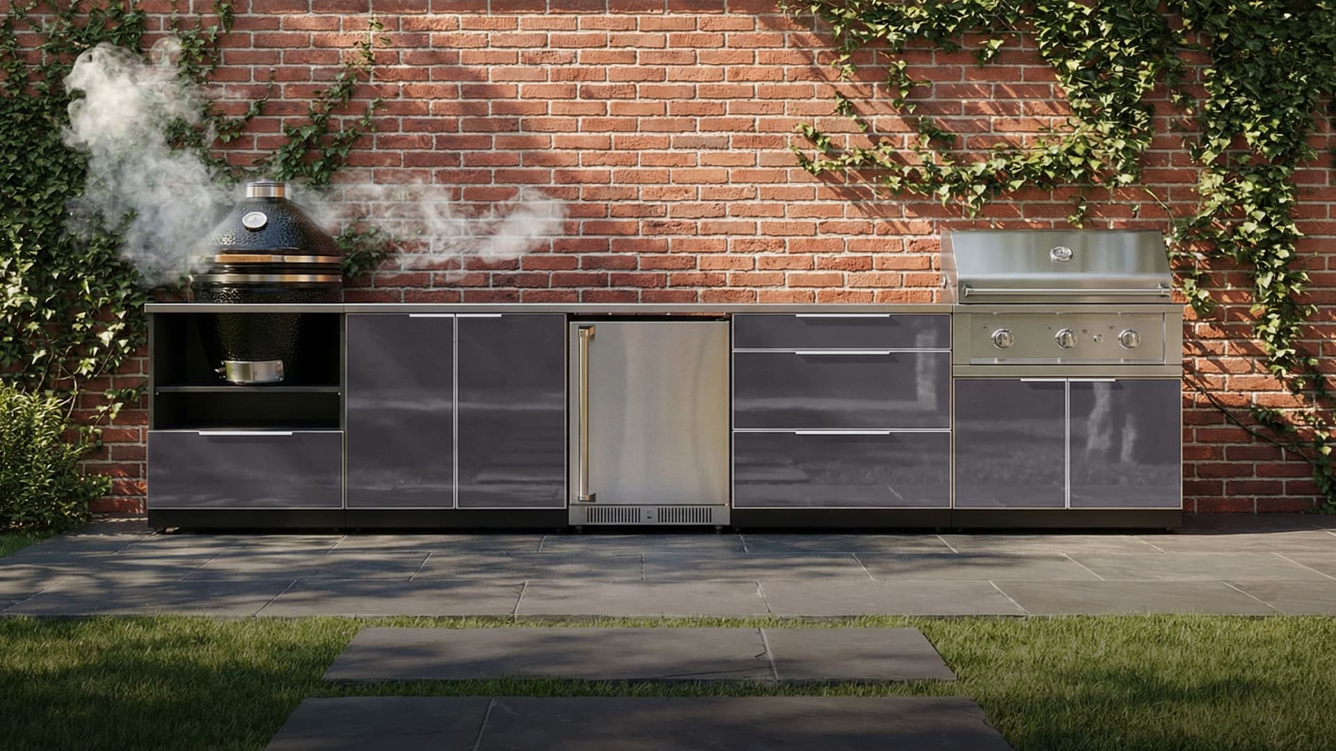 NewAge outdoor kitchen with stone-clad surrounds, a kamado grill and built-in gas grill