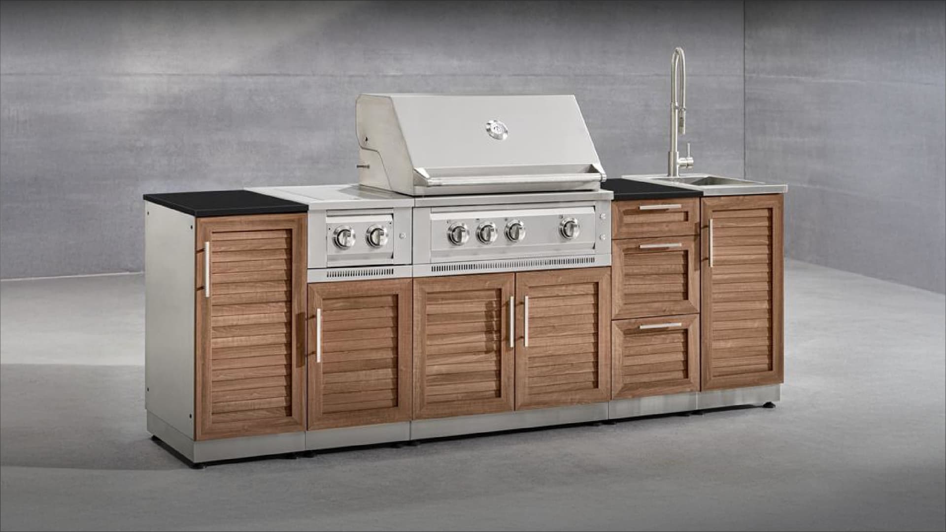 NewAge modular grill island with wood-look louvered doors, a built-in gas grill and sink