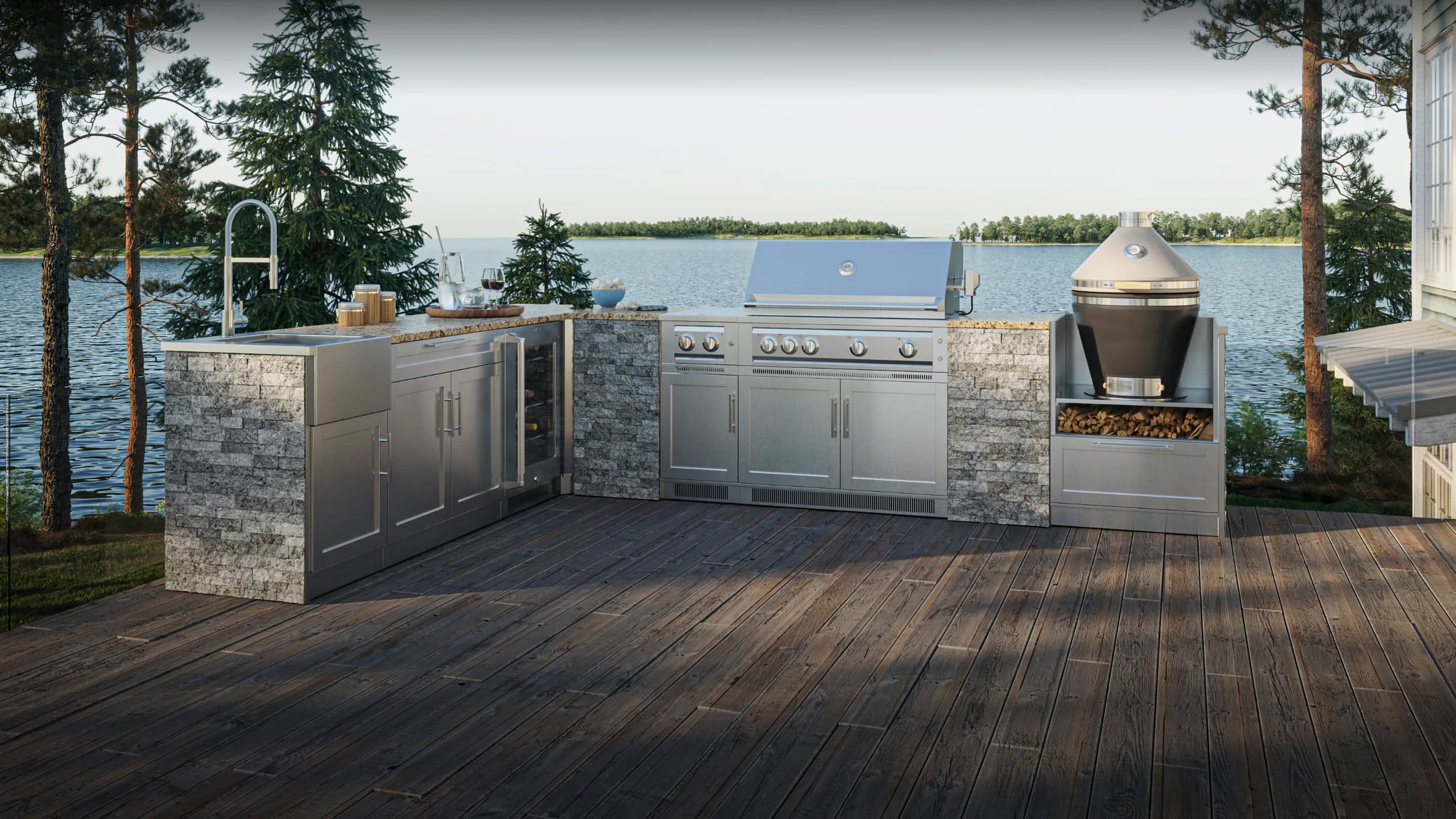 NewAge slate grey outdoor kitchen with a kamado grill, outdoor fridge and built-in gas grill