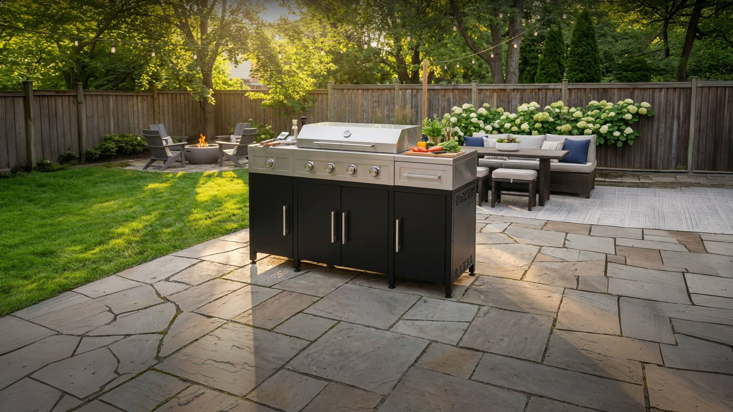 NewAge slate grey outdoor kitchen with a kamado grill, outdoor fridge and built-in gas grill